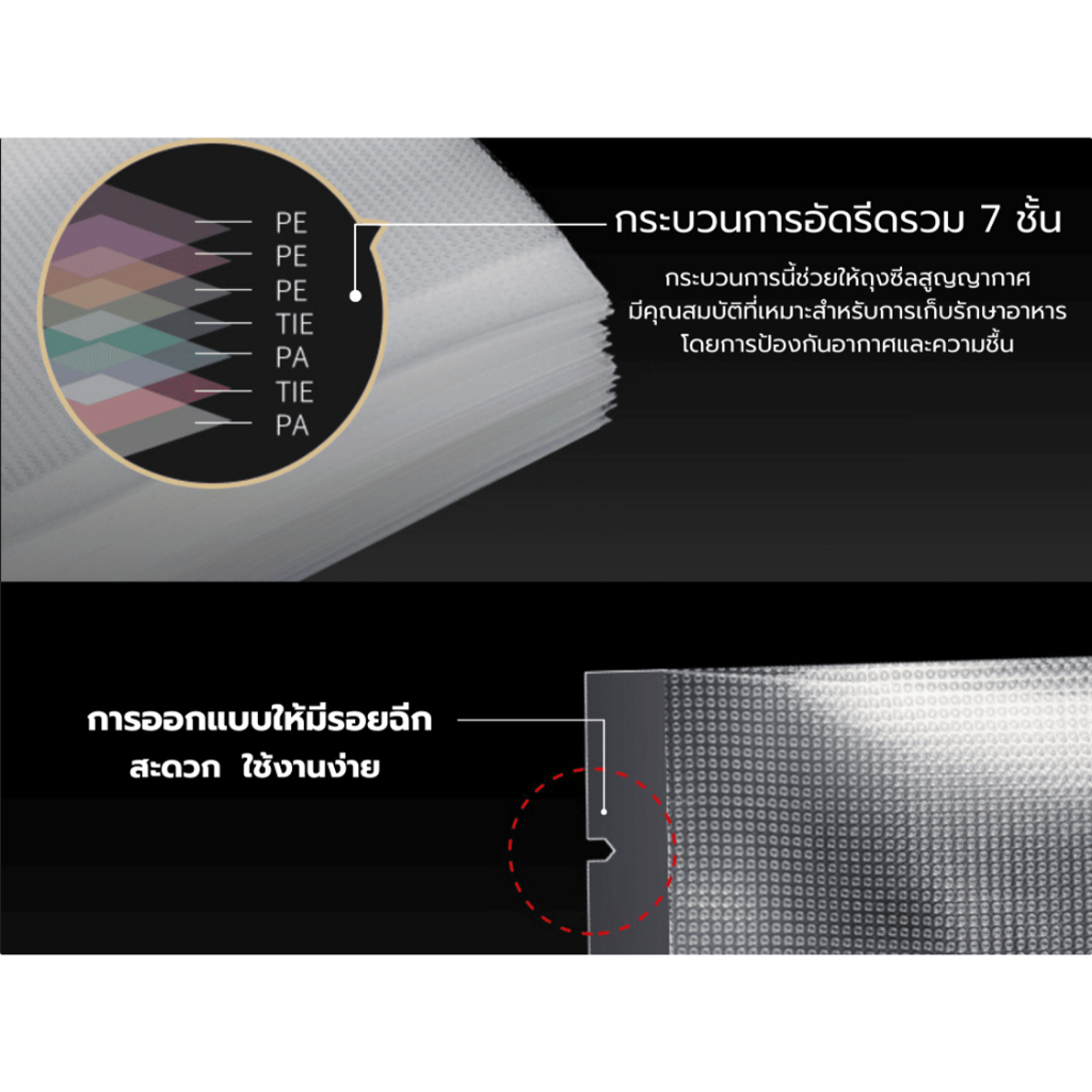 ส่งฟรี ถุงซีลสุญญากาศแบบม้วน ลายนูน เหนียว คุณภาพดีเยี่ยม ได้มาตรฐาน อย. 190 ไมครอน แพกละ 50-200 ใบ - รูปที่ 7