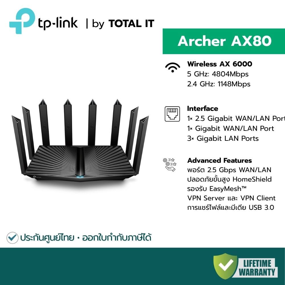 TP-Link Archer AX80 Router WiFi 6 AX6000 | พอร์ต 2.5G WAN/LAN | VPN Client | CPU 2.0 GHz