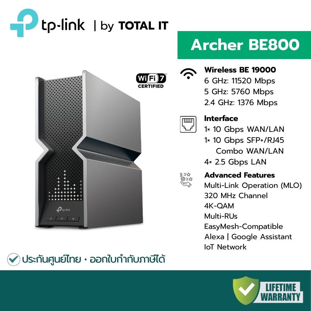 TP-Link Archer BE800 Router WiFi 7 Tri-Band BE19000 | พอร์ต 10G คู่ (WAN/LAN) | จอ LED | 6GHz MLO