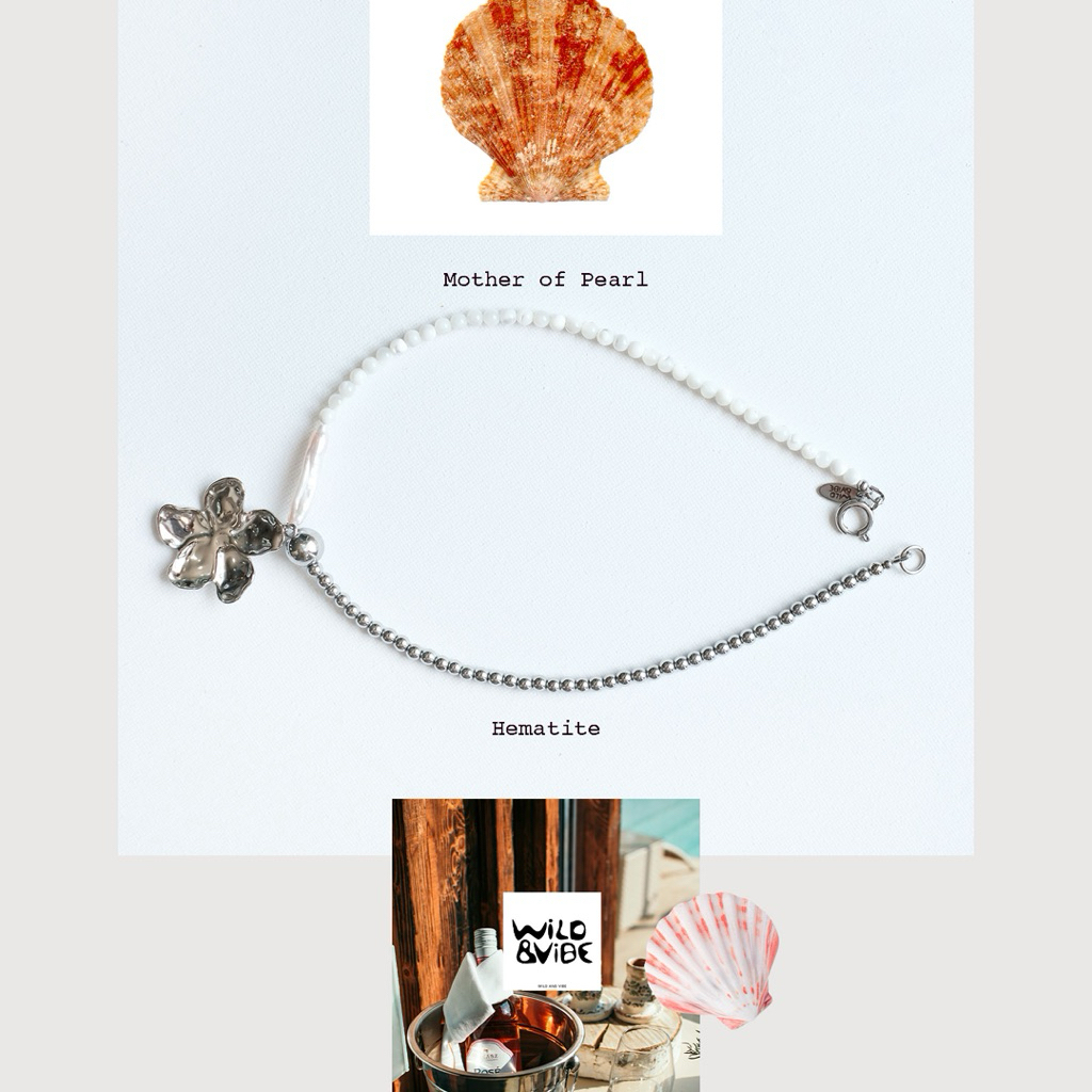สร้อยคอเฮมาไทน์ & หอยมุกแท้ธรรมชาติ 6 มม.จี้ดอกไม้ | Y2Kstyle| Handmade Necklace | Wild & Vibe