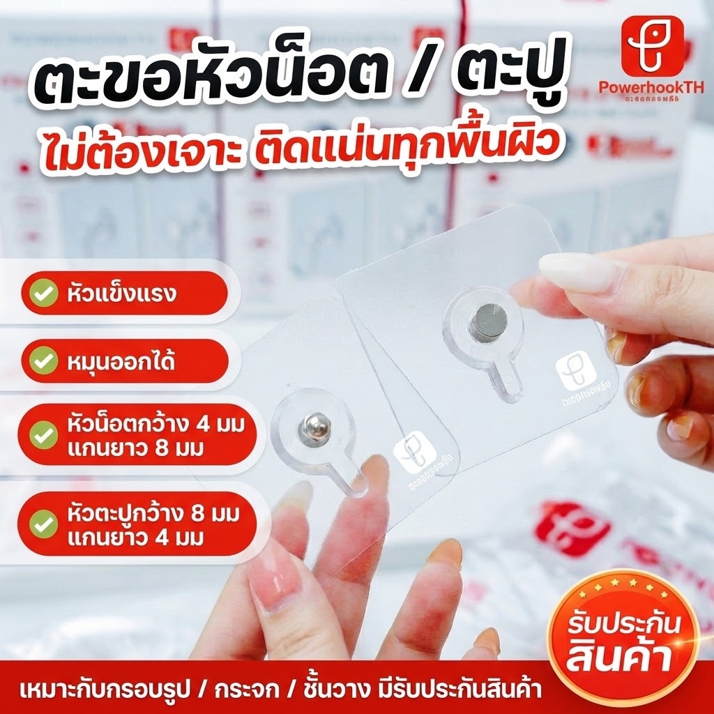POWERHOOKTH ตะขอตะปู / หัวน็อต ไม่ต้องเจาะผนัง กาวเหนียวพิเศษ