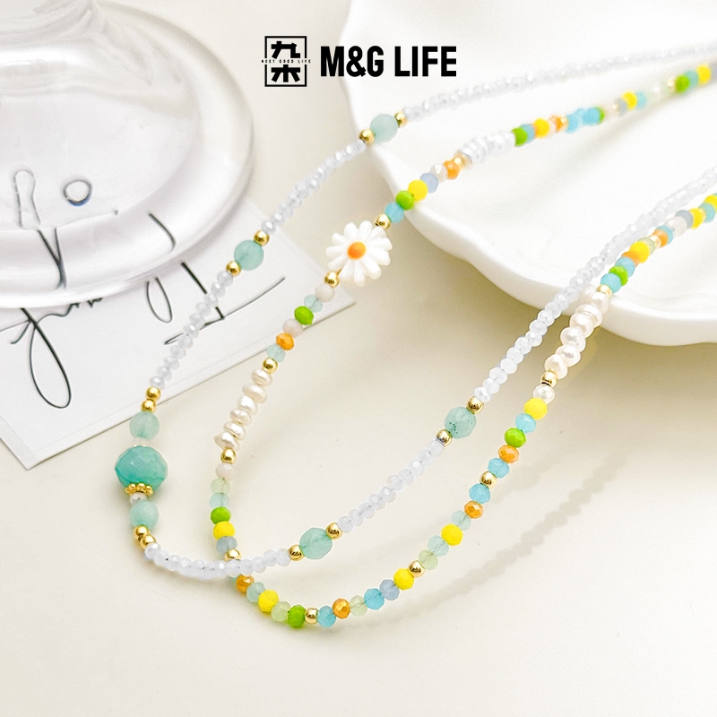 M&G LIFE 1 Piece Beaded Necklace สร้อยคอลูกปัดสีน้ำเงินขาวสำหรับผู้หญิง