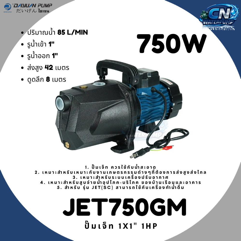 DAYUAN ปั้มเจ็ท ปั๊มเจ็ท 1นิ้ว 1HP 750W 1.5HP 1100W รุ่น JET750GM JET1100GM (ทองแดงแท้)