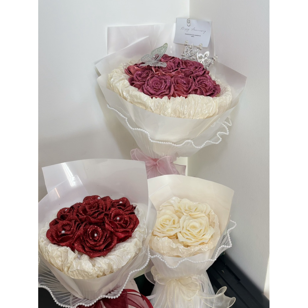 [ 7ดอก ]ช่อดอกไม้ ดอกกุหลาบ ช่อดอกไม้ดอกกุหลาบ ดอกกุหลาบกากเพชร ดอกกุหลาบริบบิ้น - รูปที่ 3