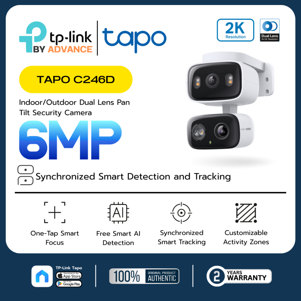 TP-Link Tapo C246D กล้องวงจรปิด WiFi 2 เลนส์ 6MP เลนส์มุมกว้าง125° เทเลโฟโต้ 6มม. (รับประกันสินค้า 2