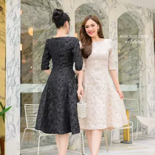 DL07 (**ผ้าลัชชูลายชบา **)เดรสออกงานแขน3ส่วน ชุดทำงาน ชุดไปคาเฟ่สวยสุภาพเรียบหรู (ลงตรงไซส์)