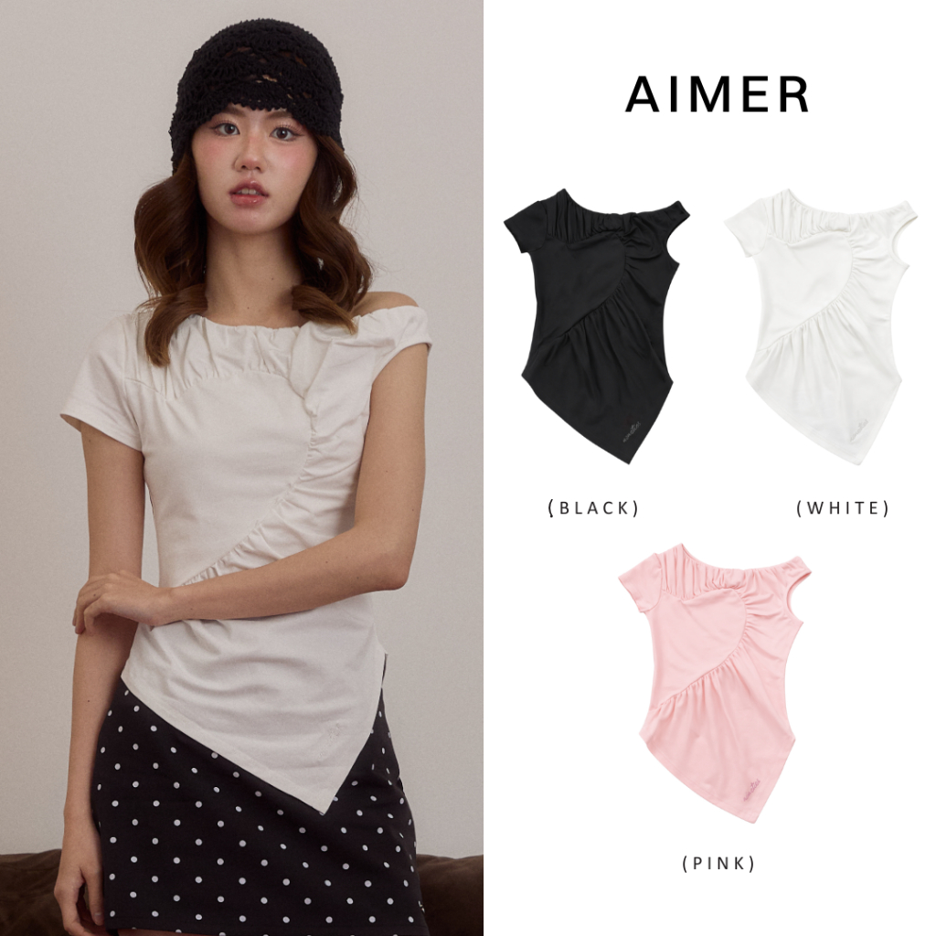 Nineties Design : Soft Heart ❤️ เสื้อยืดปาดไหล่ ชายเสื้อเฉียงทรงเข้ารูป รุ่น Aimer