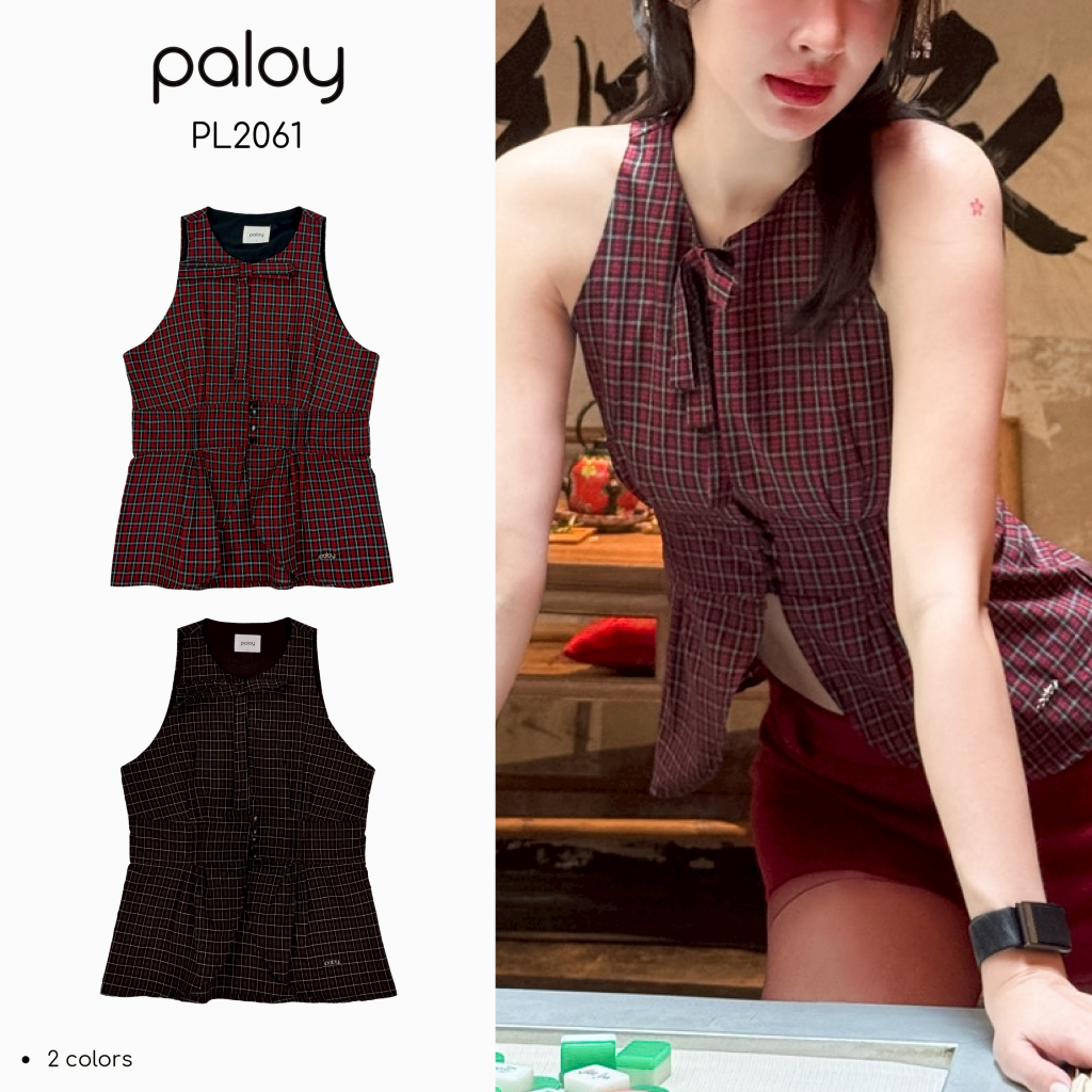 Paloy - PL2061 เสื้อแขนกุดท็อป ลายสก็อต กระดุมแหวกหน้า