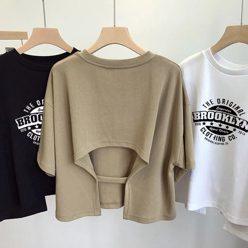 เสื้อครอปสาวอวบน่ารัก oversize เสื้อผ้าแฟชั่นไซส์ใหญ่ เสื้อยืดหญิงแขนสั้นแบบหลวมสไตล์เกาหลี สกรีนวินเทจ เซ็กซี่ เปิดหลัง thumbnail 6