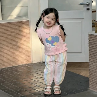 ชุดเสื้อผ้าเด็ก: เสื้อยืดแขนระบายทรงนางเงือก + กางเกงขายาวสีสันสดใส สไตล์เกาหลีน่ารักหวานแหวว ทำจากผ้าฝ้ายแท้
