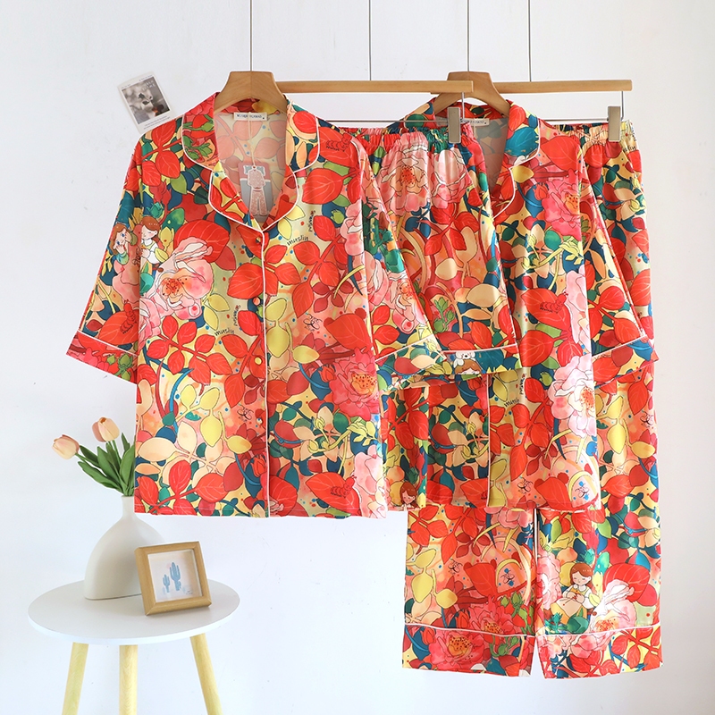 Muslin Pajamas Silk Satin รุ่น Tiny Secret Garden (W2225 V2225) | ชุดนอนชุดเที่ยว,ชุดโอเวอร์ไซส์