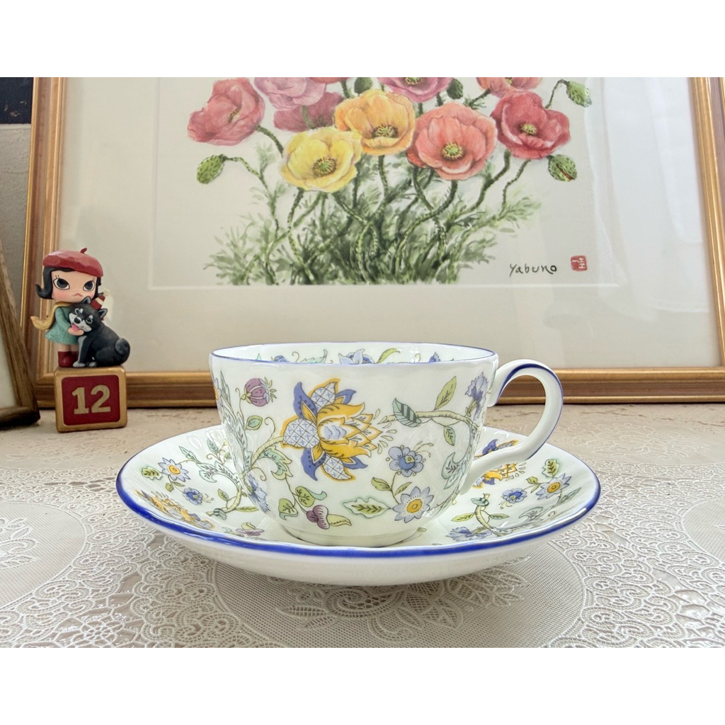 MINTON made in England ชุดชา/กาแฟลายดอกไม้สวยรอบใบ ขอบน้ำเงินสวย ใหม่