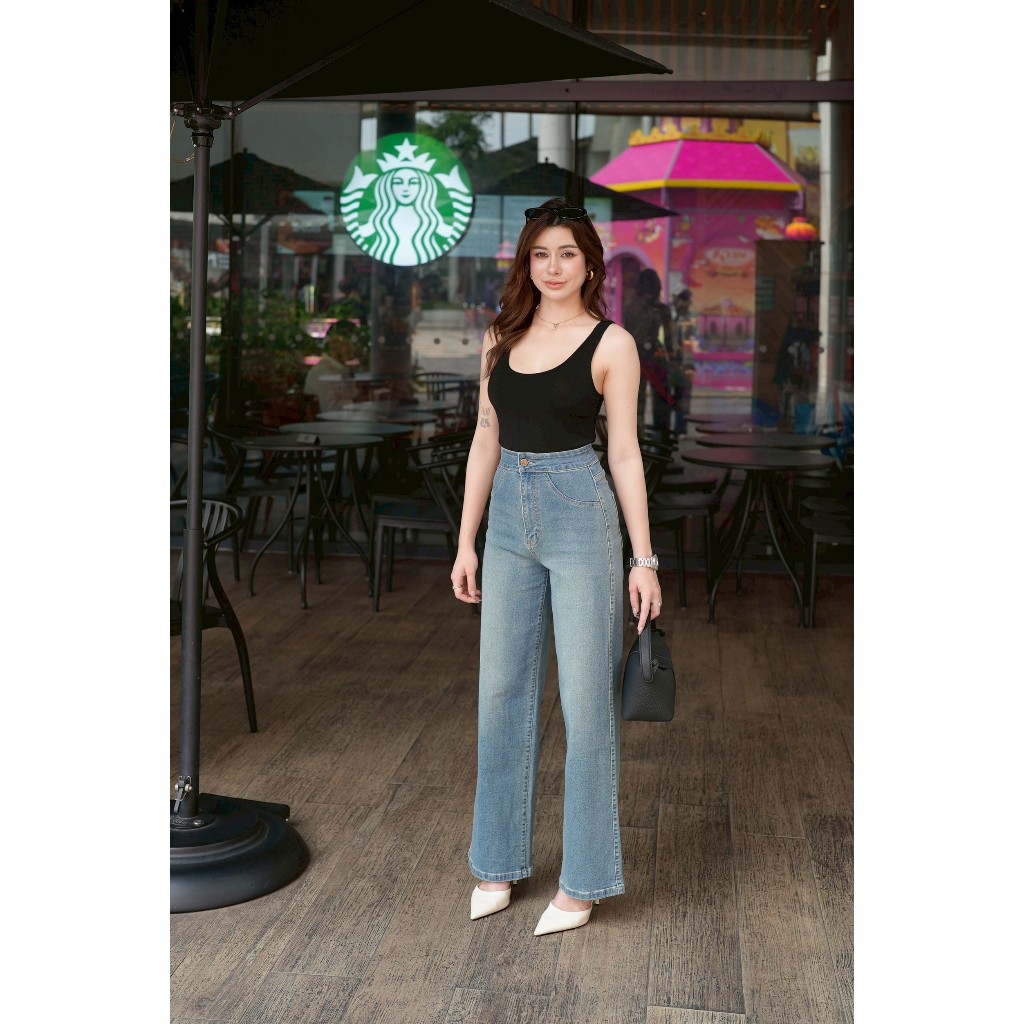Gondeng Cloudy Jeans กางเกงยีนส์ก้นเด้ง ขากระบอกใหญ่ สีคราวดี้( ผ้ายืด-เอวสูง)