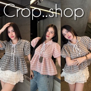 crop..shop เสื้อคอบัว เเขนตุ๊กตา น่ารักมาก คอบัว ผูกโบว์น่าร…