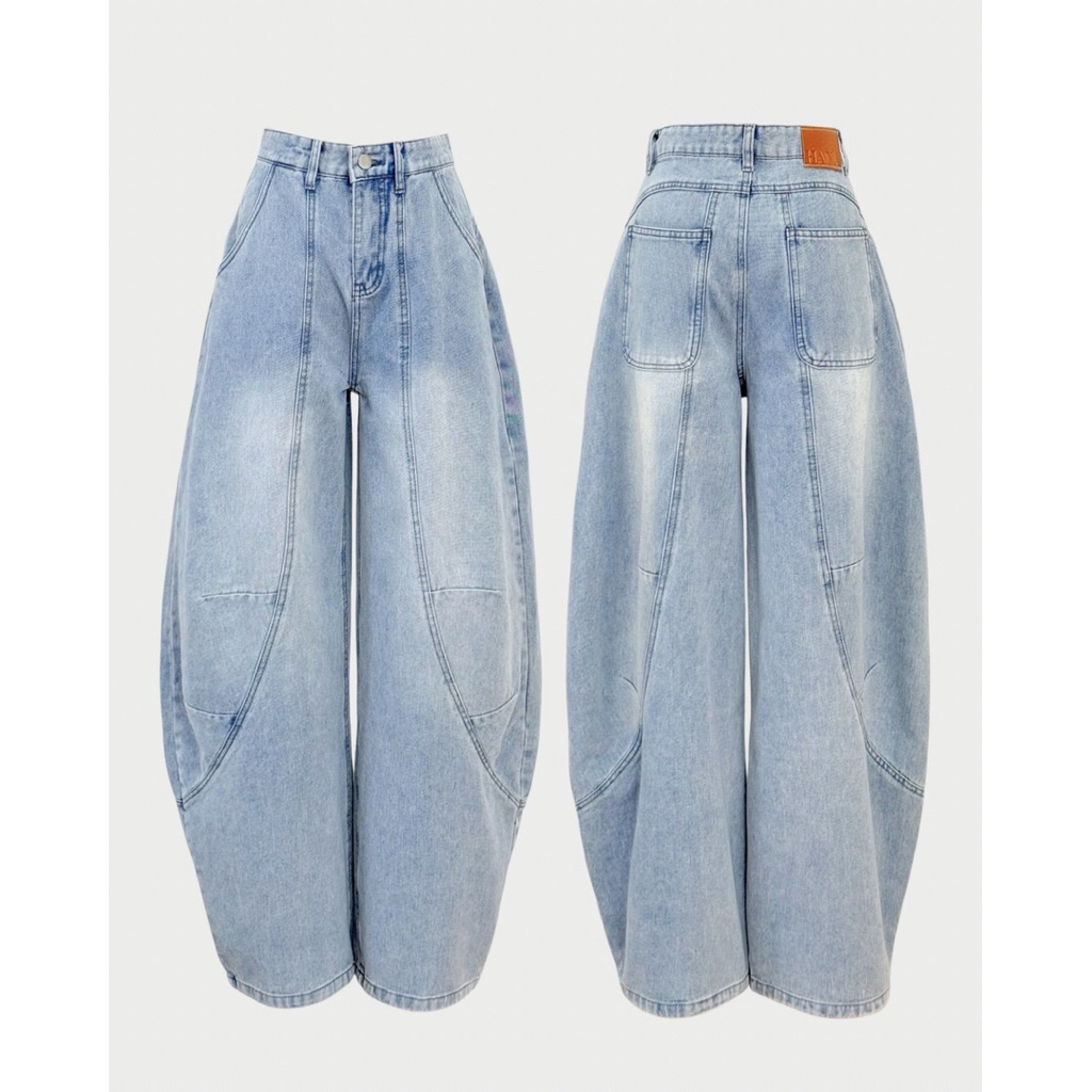 HANABRAND: Beck Barrel Jeans (เบค) รหัส HN40 Sky blue   กางเกงยีนส์ทรงบาร์เรล เย็บแต่ง detail ด้านหน้า เก๋สุดๆ