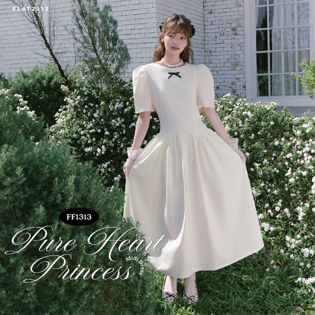 FLAT2112 : PURE HEART PRINCESS MIDI DRESS เดรสยาวสีขาว เดรสเจ้าหญิง เดรสทรงสุภาพ เดรสหวานผู้ดี เดรสสไตล์ยุโรป (FF1313)