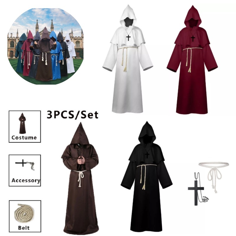 ศาสนายุคกลาง Hooded พระศาสตร์เสื้อผ้า Wizard ฮาโลวีน Cosplay Costume ผู้ใหญ่สำหรับผู้ชาย ผู้หญิง