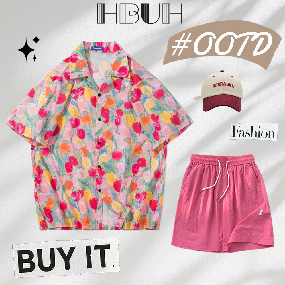 HBUH  เสื้อเชิ้ตแขนสั้นลําลอง ทรงหลวม ลายดอกไม้ เหมาะกับเดินชายหาด เสื้อฮาวาย เสื้อสงกรานต์