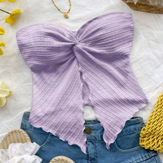 Crop TC2432 เสื้อเกาะอก อกทรงโบว์ ผ่าหน้า