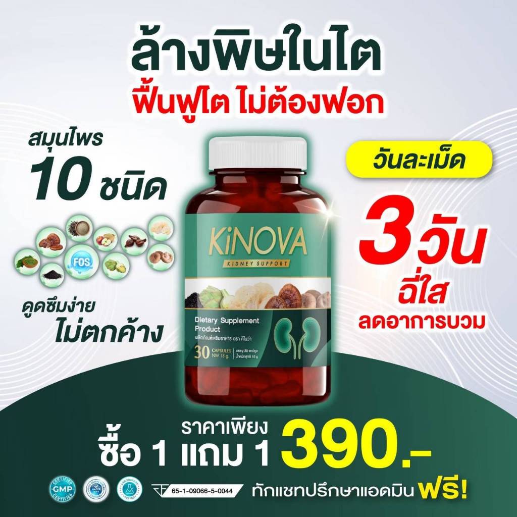 โปร 1 แถม 1 กระปุก KINOVA คิโนว่า วิตามินบำรุงไต รวม 60 แคปซูล KINOVA  ของแท้!