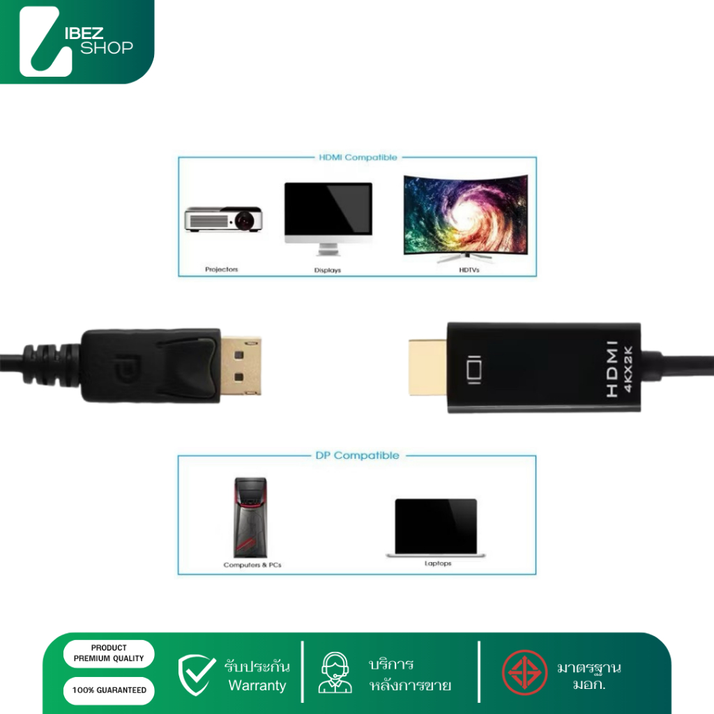 สายแปลง DisplayPort (DP) to HDMI รองรับ 1080/4K สายยาว 1.8 เมตร ต่อจากคอมพิวเตอร์ไปทีวี / มอนิเตอร์
