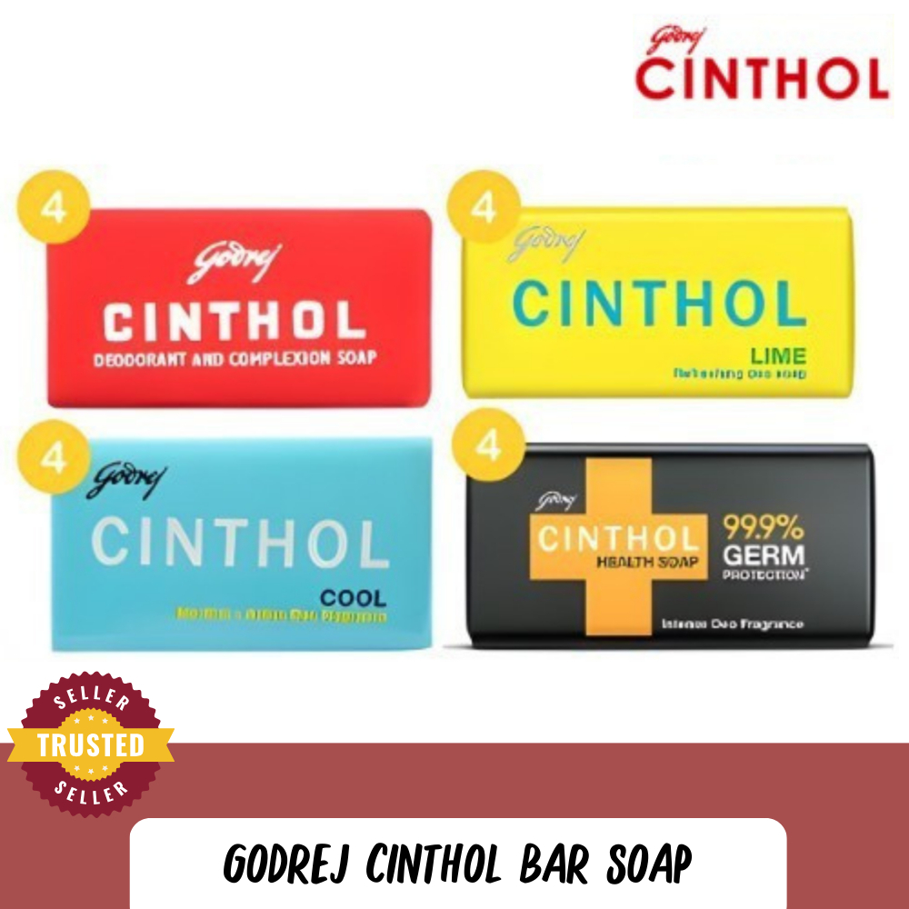 (แพ็ค 4 ก้อน) สบู่ซินทอล Godrej.CINTHOL Bar Soap สูตรดั้งเดิมขนาด 100 กรัม Lime, Health, Deo Sport Soap (4 Pack)