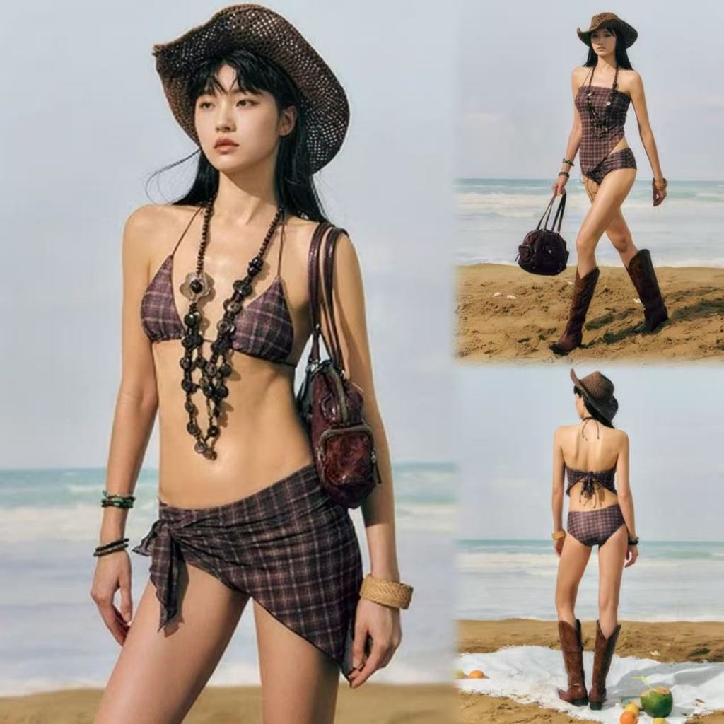 🌸พร้อ​มส่ง🌸Sexy bikini ชุดบิกินี่ 3 ชิ้น ลายตารางหมากรุก สไตล์น่ารัก รุ่นใหม่ beach