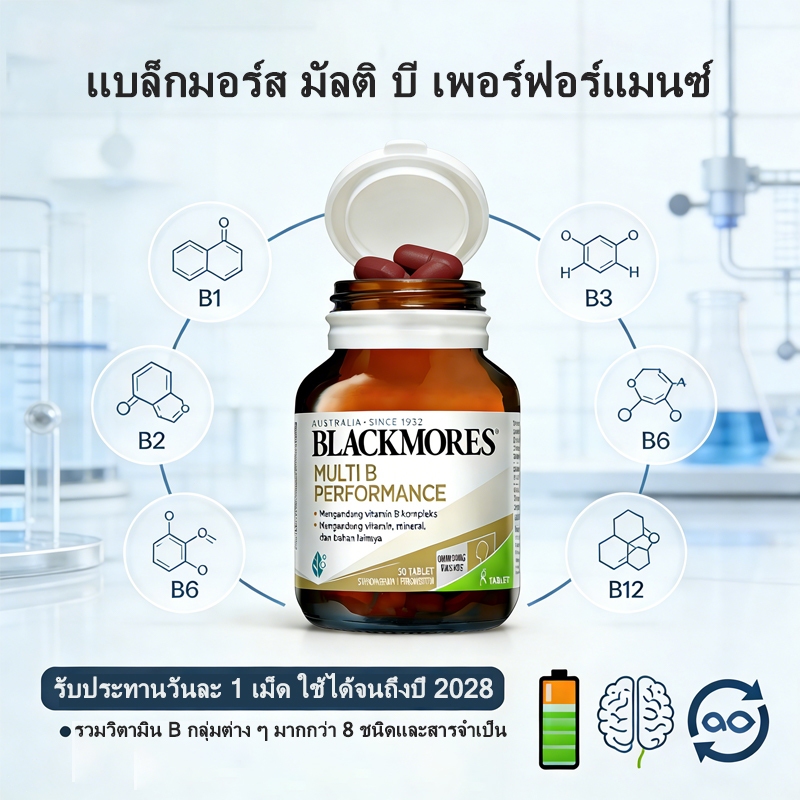 วิตามินบีรวม Blackmores Multi B Performance 30 เม็ด สำหรับวัยทำงาน ผู้สูงอายุ นำเข้าจากออสเตรเลีย