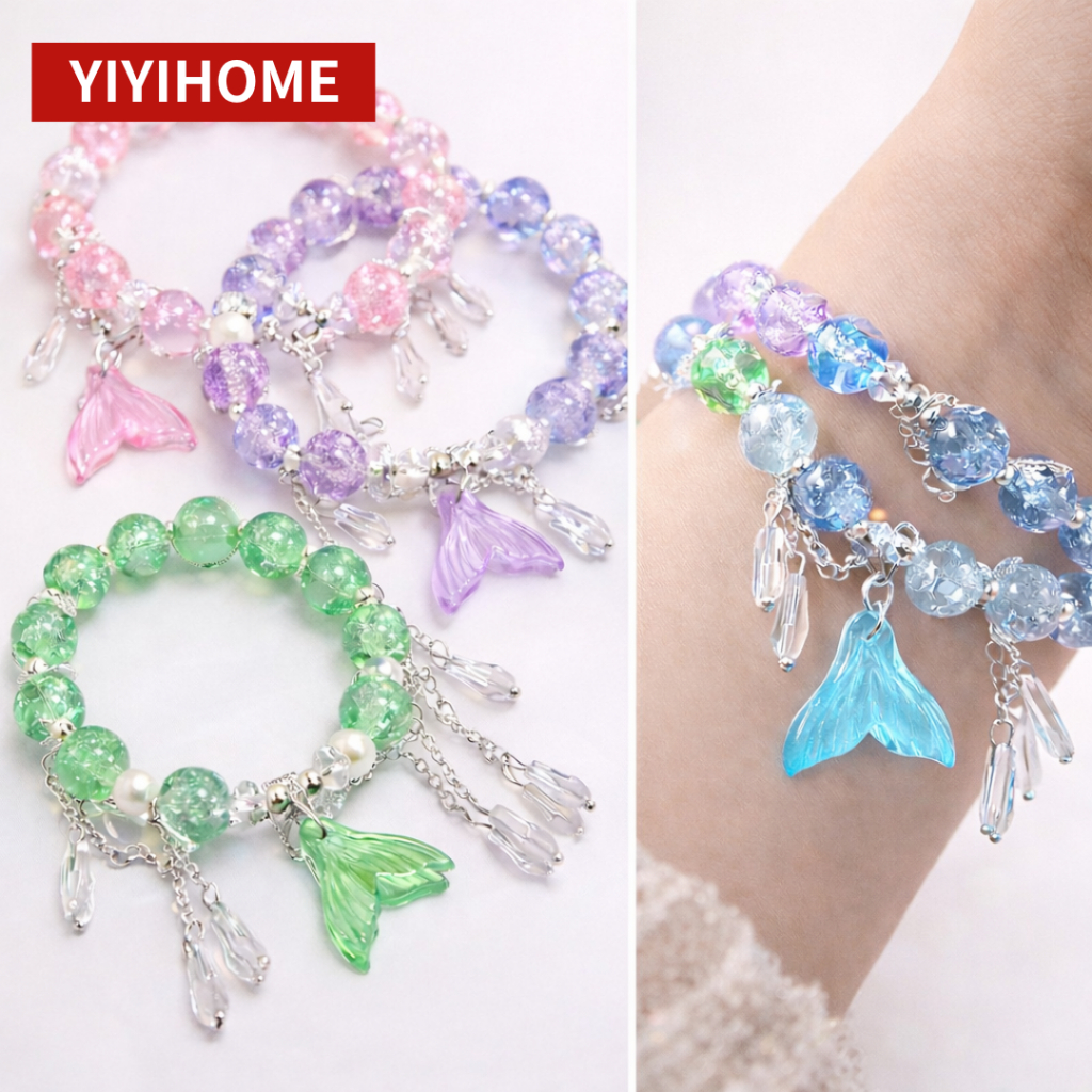 YIYIHOME สร้อยข้อมือ สร้อยข้อมือผู้หญิง สร้อยข้อมือคริสตัล สร้อยข้อมือลูกปัด นางเงือก จี้หางปลา ปรับได้