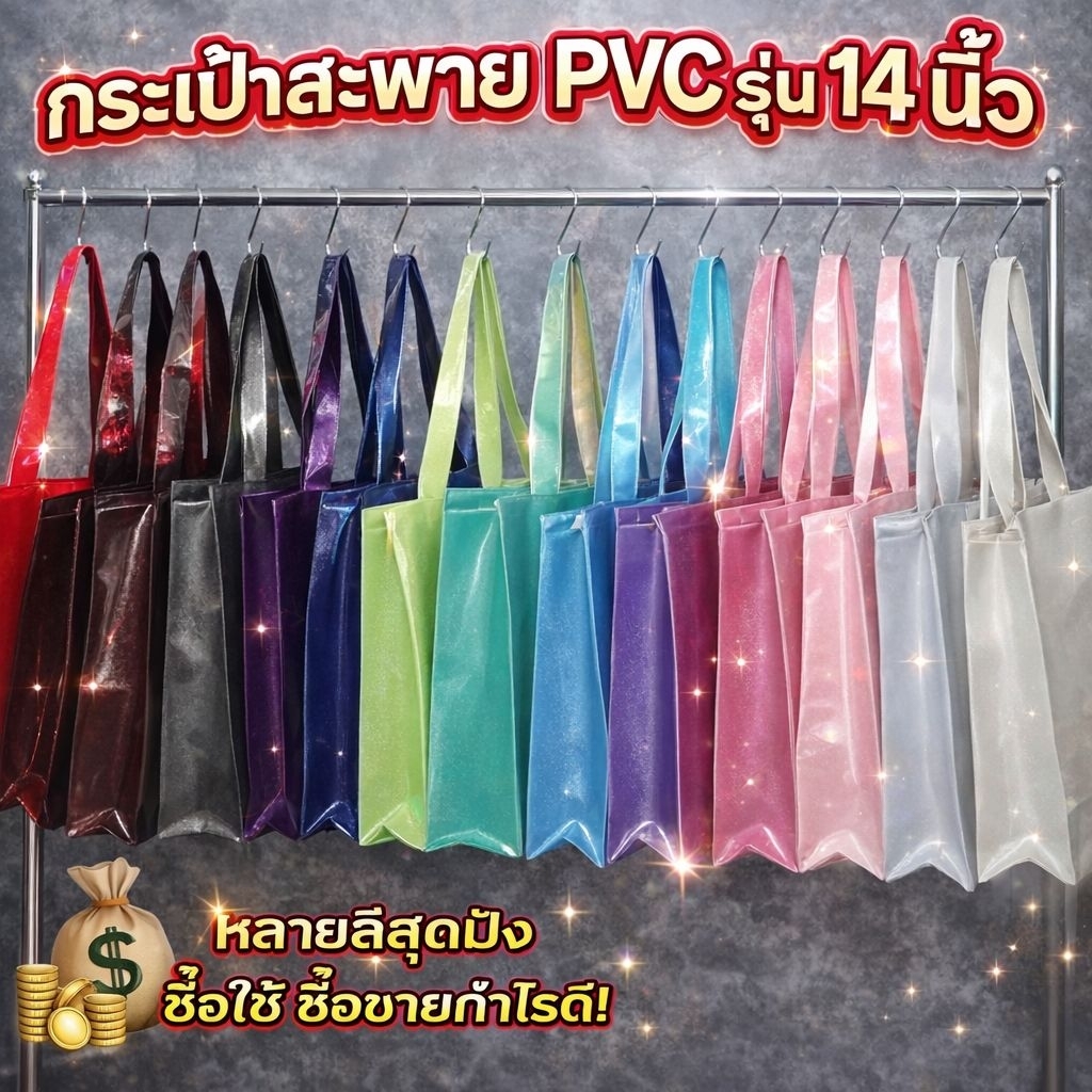กระเป๋าPVCสะพายทรงตั้ง(กลิตเตอร์)รุ่น14นิ้วขนาดกระเป๋าก12นิ้วส14นิ้วสาย22-24นิ้วมีแผ่นรองและพวงกุญแจ