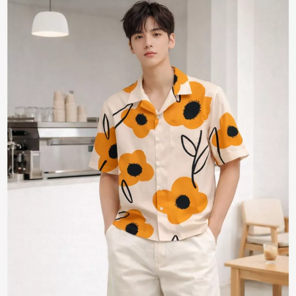 WOLF Hawaii Shirt เสื้อฮาวายแขนสั้น ลายดอกดำส้ม H246