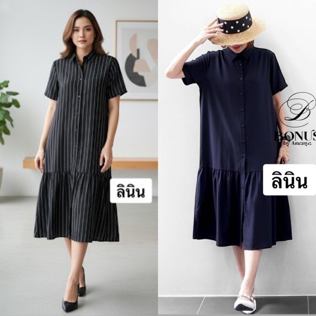 (SALE ต่ำกว่าทุน! ) มาใหม่ ชุดเดรสปกเชิ้ตแขนสั้นชายระบายผ้าลินินดีไซด์ทรงสวย