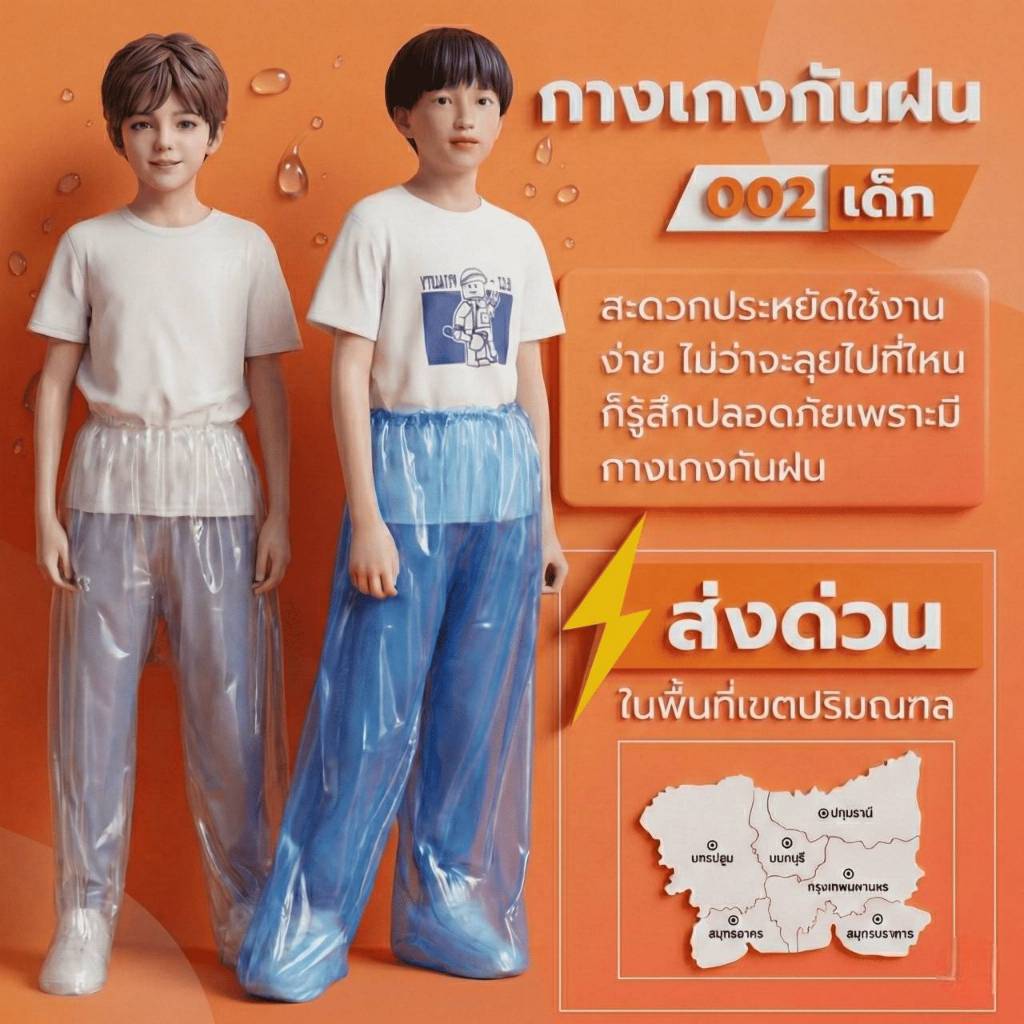 R-002 กางเกงกันฝนเด็ก โคตรเหนียว กันน้ำทนทาน(เฉพาะกางเกงเท่านั้น) กางเกงครุมรองเท้า ความยาว100cm