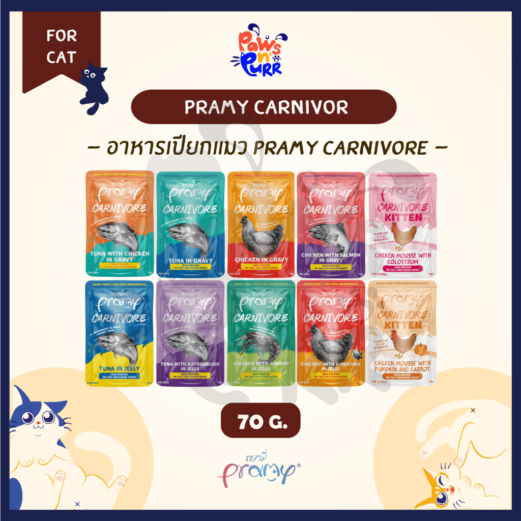 [แบ่งขาย]Pramy Carnivore อาหารเปียกแมว Grain-Free, NON-GMO ในเกรวี่และเจลลี่ 70g.
