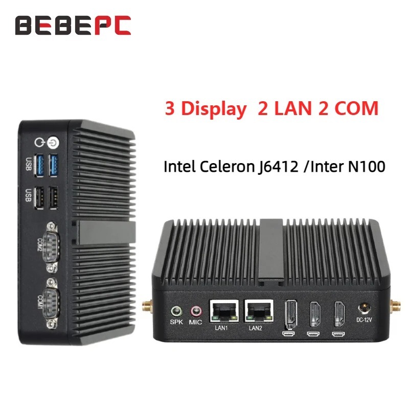 Industrial Mini PC Intel Celeron J6412 8GB DDR4 128GB M.2 NVMe SSD 2x COM RS232 2x GbE LAN 3x Displa