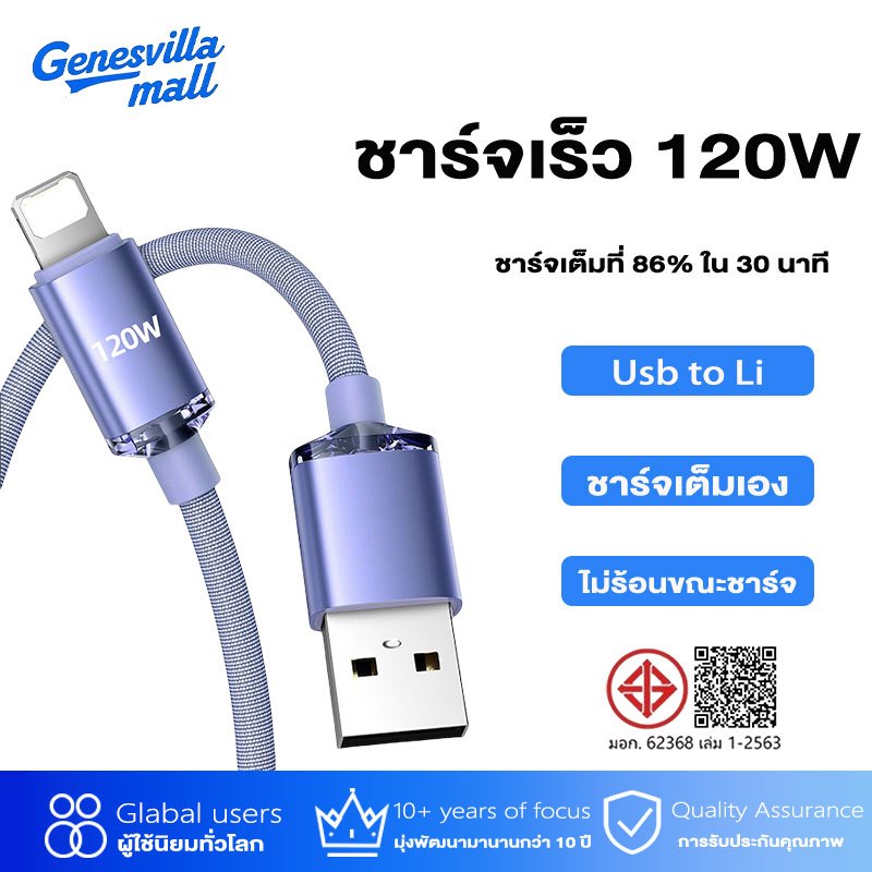 GenesVilla 120W 6a Li สายชาร์จเร็วมาก 1 ม. / 1.5 ม. / 2 ม. สายไนล่อนถัก ชาร์จเร็ว สายข้อมูล USB Li