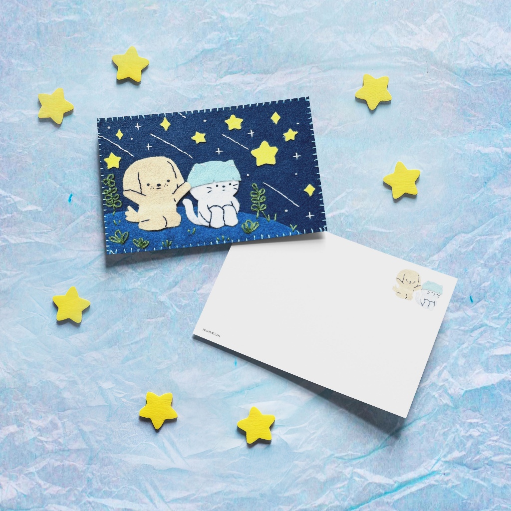 Stargazing Postcard โปสการ์ด การ์ด ลายน้องหมา น้องแมว ดูดาว | Jormation
