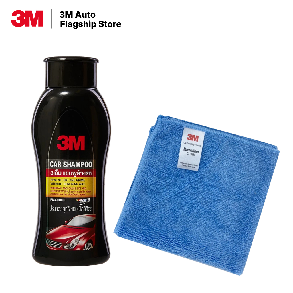 3M แชมพูล้างรถ Car Shampoo ขนาด 400ml. PN39000LT + 3M ผ้าไมโครไฟเบอร์ สีฟ้า FB270 ขนาด 30x30 cm.