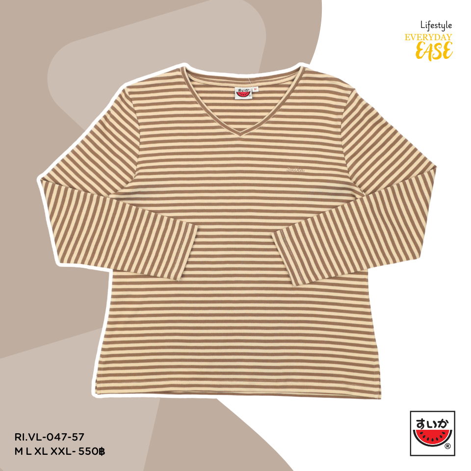 เสื้อแตงโม (SUIKA) -เสื้อยืดคอวี ลายริ้วทอ แขนยาว ( RI.VL-047) — صورة 5