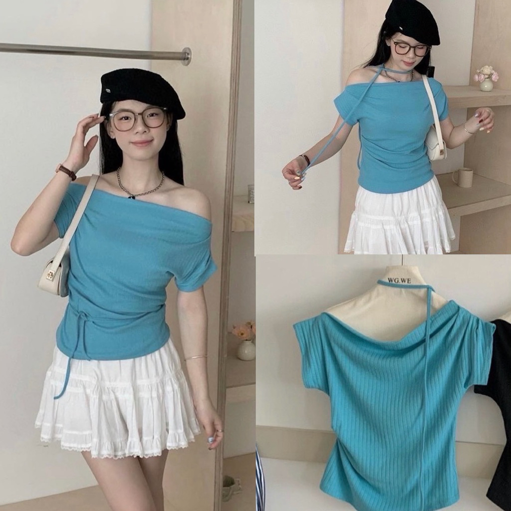 📍พร้อมส่ง📍8477#เสื้อปาดไหล่งานผ้าร่อง+เชือก  TAG WG.WE 🇰🇷