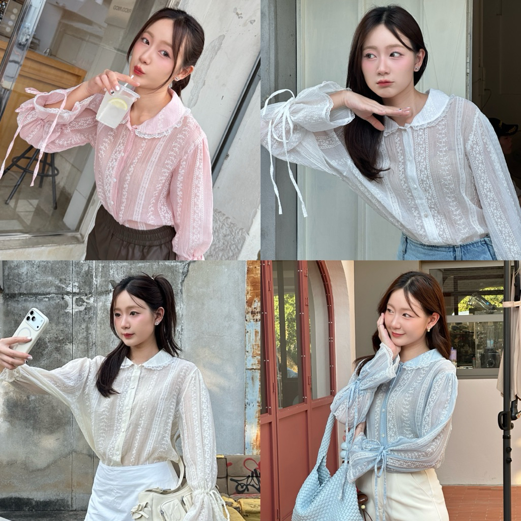 AGLEAMIN3011 | Soufflé top เสื้อเชิ้ตแขนยาวปักลายดอกไม้หวาน ๆ