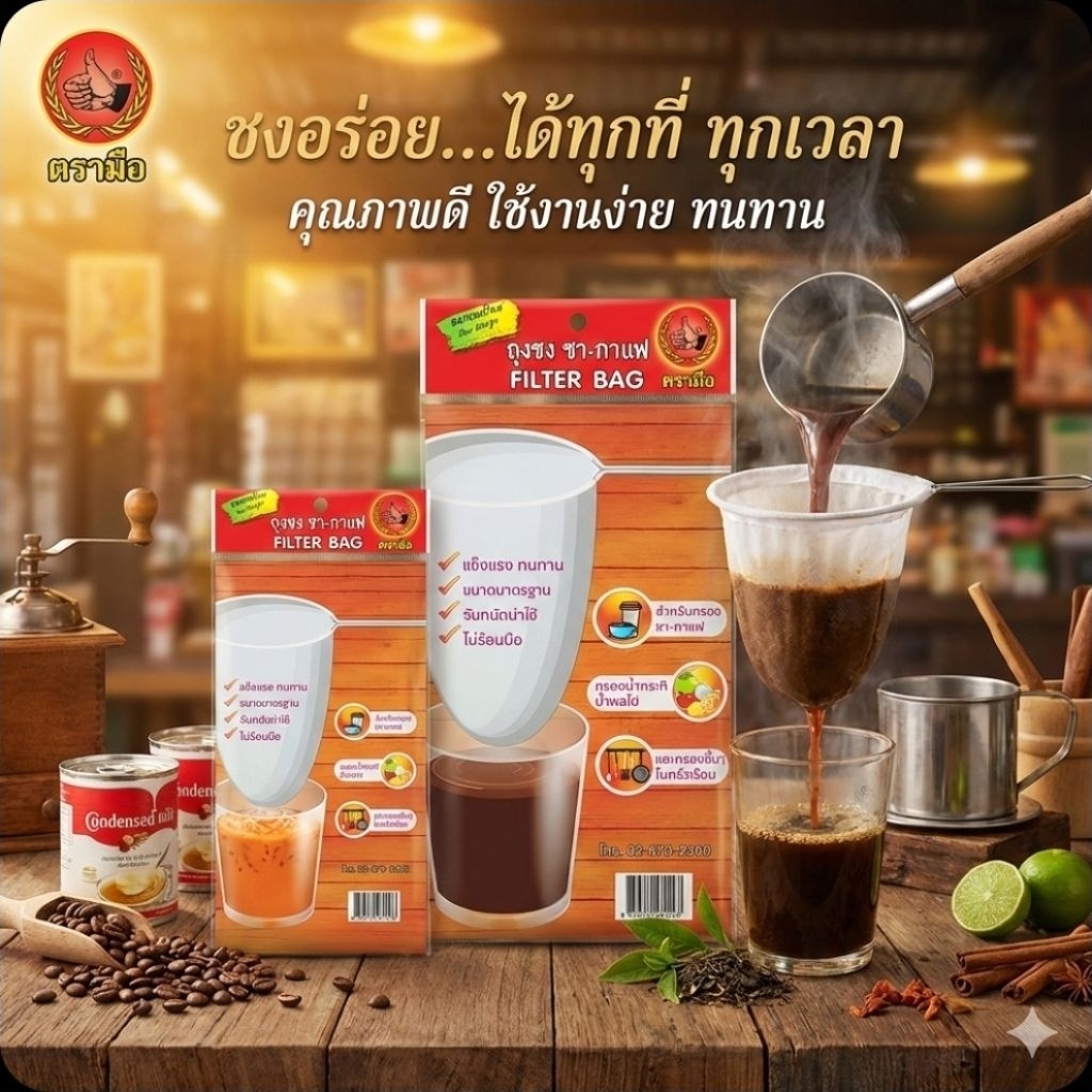 ☕️TraMue ตรามือ ถุงชง ชา-กาแฟ ขนาด เล็ก 7.5cm./ใหญ่ 12.5cm.☕️