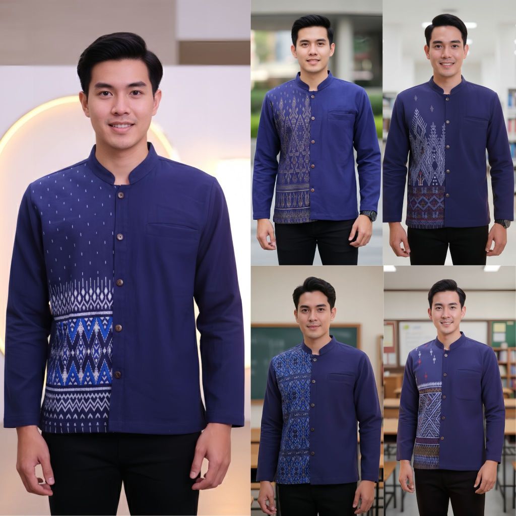 เสื้อลายไทยผู้ชายทูโทนแขนยาว เนื้อผ้าฝ้ายพิมพ์ลายหมักโคลน โทนสีกรม