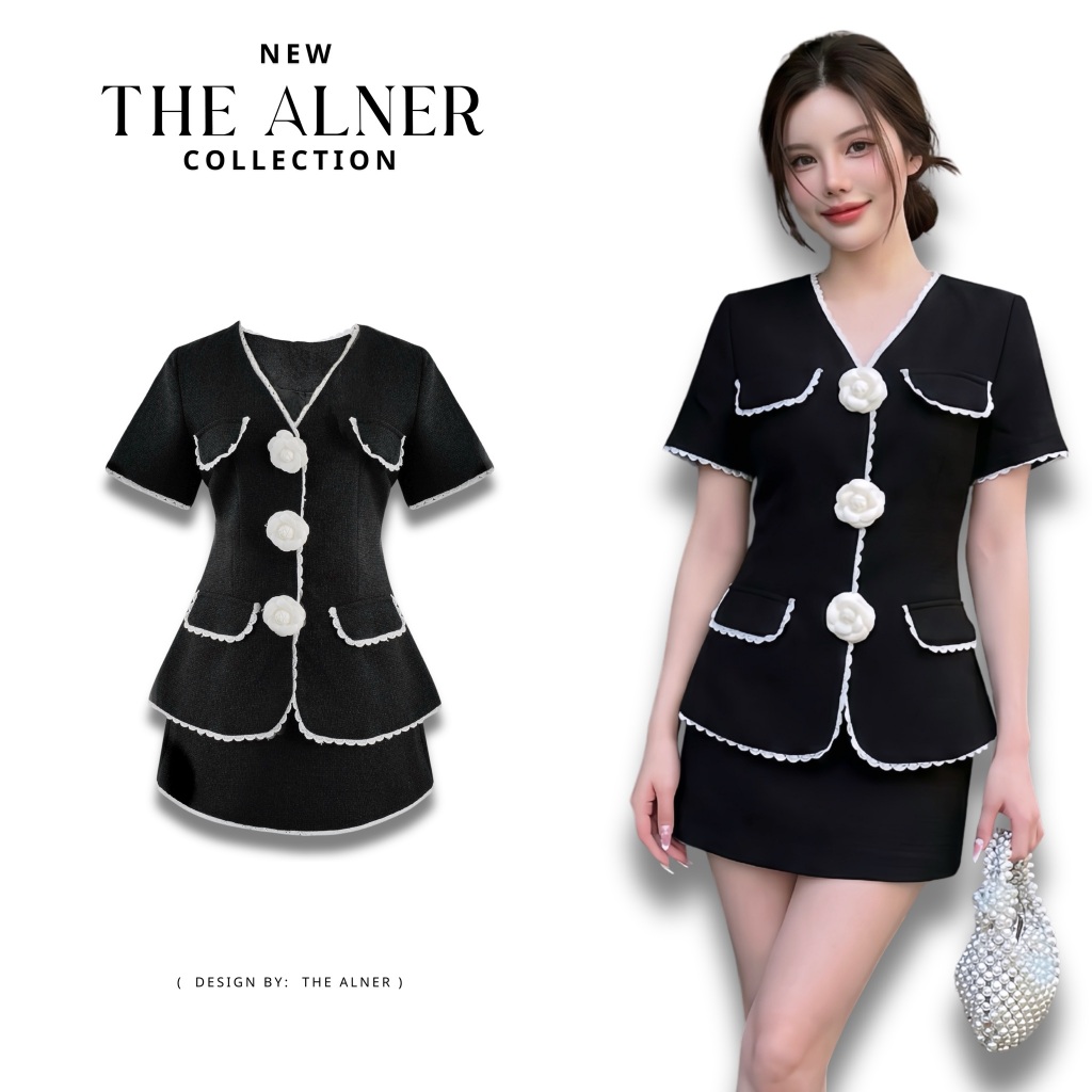 Thealner-AN727  เซตเสื้อดำคอวีแขนสั้นแต่งดอก+กระโปรง