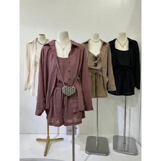 #ป้าย B524 เสื้อเชิ้ตแขนยาว + สายเดี่ยว + กางเกงขาสั้น (3 ชิ้น) มีให้เลือก 2 สี: ขาว / ดำ