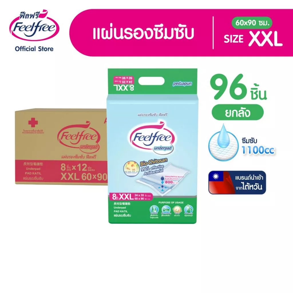 [ขายยกลัง] Feelfree แผ่นรองซึมซับฟีลฟรี ไซส์ XXL 8ชิ้นx12แพ็ค (96 ชิ้น) แผ่นรองฉี่ 1100cc #A923142