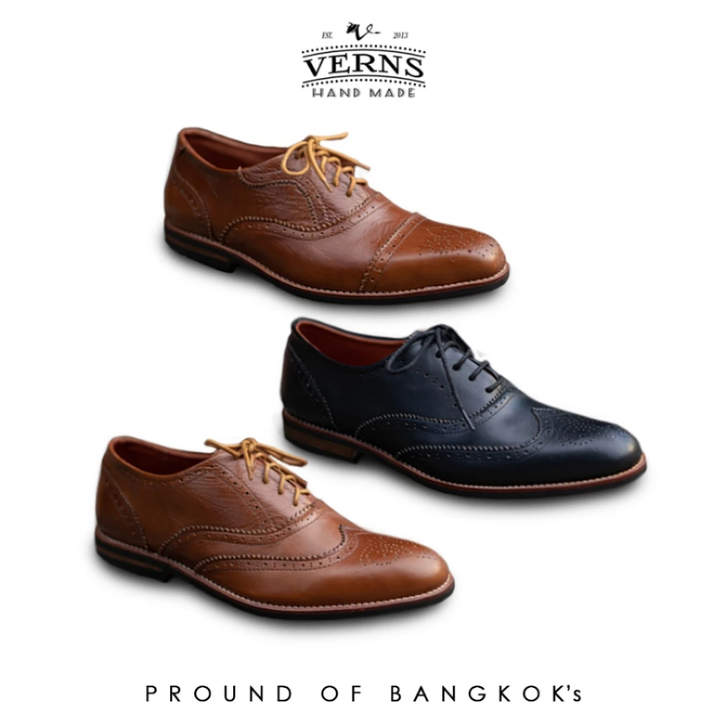 Verns Leather รองเท้าหนังแท้ รองเท้าทางการ Wingtip Oxford งานฉลุลาย พื้นเย็บใส่ทน 2 แบบ 2 สี
