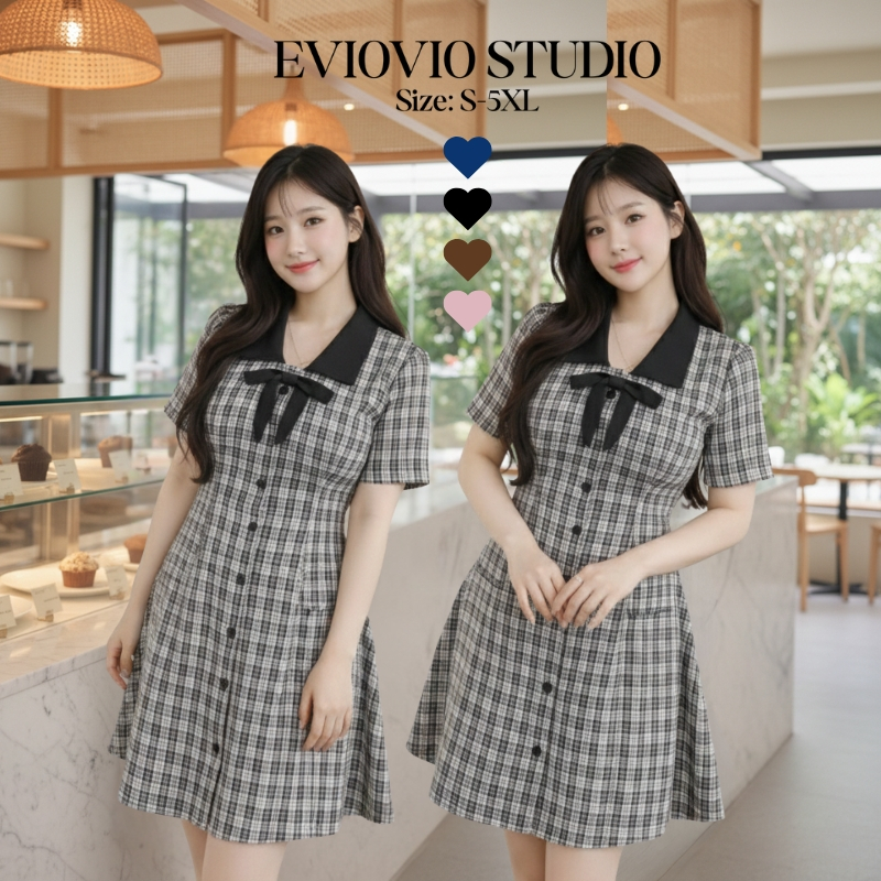 【EVIOVIO 】S-5XL เดรสลายสก็อตวินเทจ สไตล์ฝรั่งเศส คอปกแต่งโบว์ เดรสสาวอวบ พลัสไซซ์ เดรสออกงาน แฟชั่น