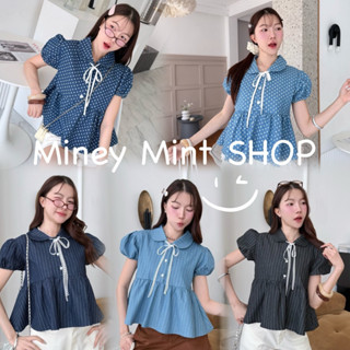 miniminey🔆เสื้อเชิ๊ตลายจุด แต่งโบหน้า ชายระบาย