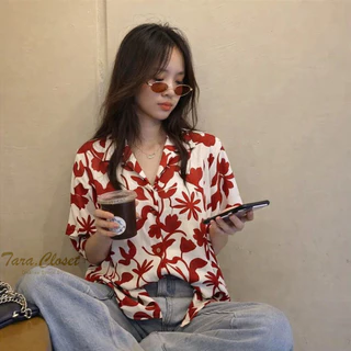 IT049 TARA Hawaii เสื้อเชิ้ตปกฮาวาย ลายดอก แขนสั้น กระดุมหน้า สไตล์เกาหลี เนื้อผ้าไหมอิตาลีพิมพ์ลายอย่างดี